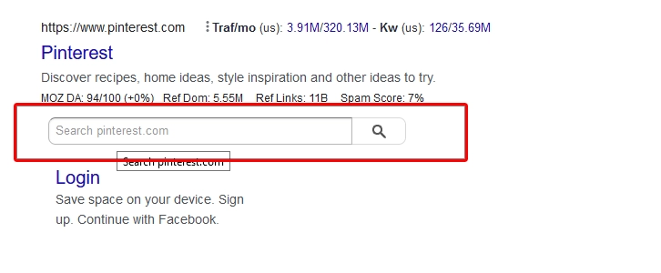 ریچ اسنیپت Sitelinks searchbox؛ نمایش یک فیلد جستجو برای پینترست در نتایج جستجوی گوگل